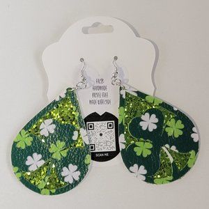 St. Patrick's Day 2-Layered 4-Leaf Clover Light Green Glitter Faux Earrings
